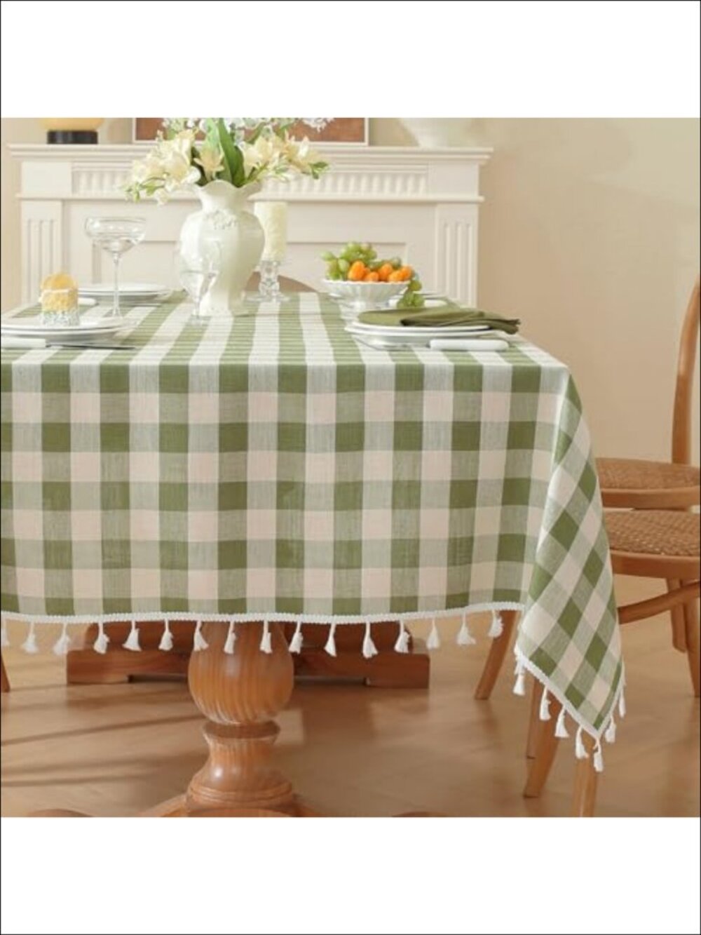 Gingham Tablecloth Rectangular Tassels Picnic Table Cover 55"x 70"